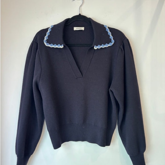 Sandro embroidery v neck sweater Black Sweater with Blue Trim - Picture 2 of 7